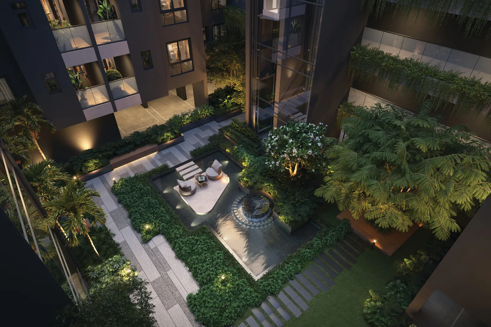 Courtyard water garden between the towers at twilight